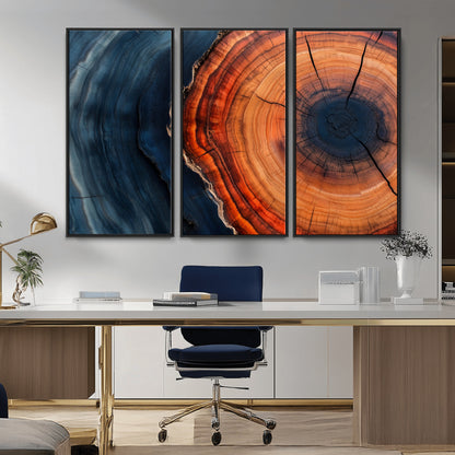 57732250-MGV-CV-36X24-Tree Ring Abstract Wall Art – Blue Orange Wood Grain Canvas Print, Modern Rustic Nature Artwork for Living Room, Office,