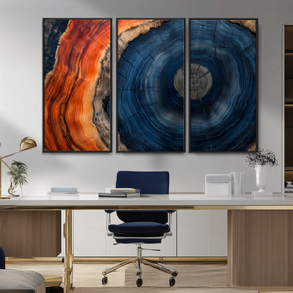 99491700-MGV-CV-36X24-Tree Ring Canvas Wall Art – Blue Orange Abstract Wood Grain Print, Rustic Modern Nature Artwork for Living Room, Office, Bedroom