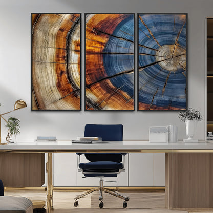 18032999-MGV-FC-48X32-3P_Black-Tree Ring Wall Art – Blue Brown Abstract Wood Slice Canvas Print, Rustic Modern Nature Decor for Living Room, Office, Bedroom or