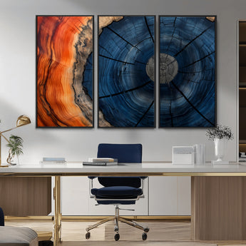 26110607-MGV-CV-36X24-Blue and Orange Tree Ring Wall Art – Abstract Wood Cross Section Canvas Print, Modern Rustic Nature Decor for Living Room, Office,
