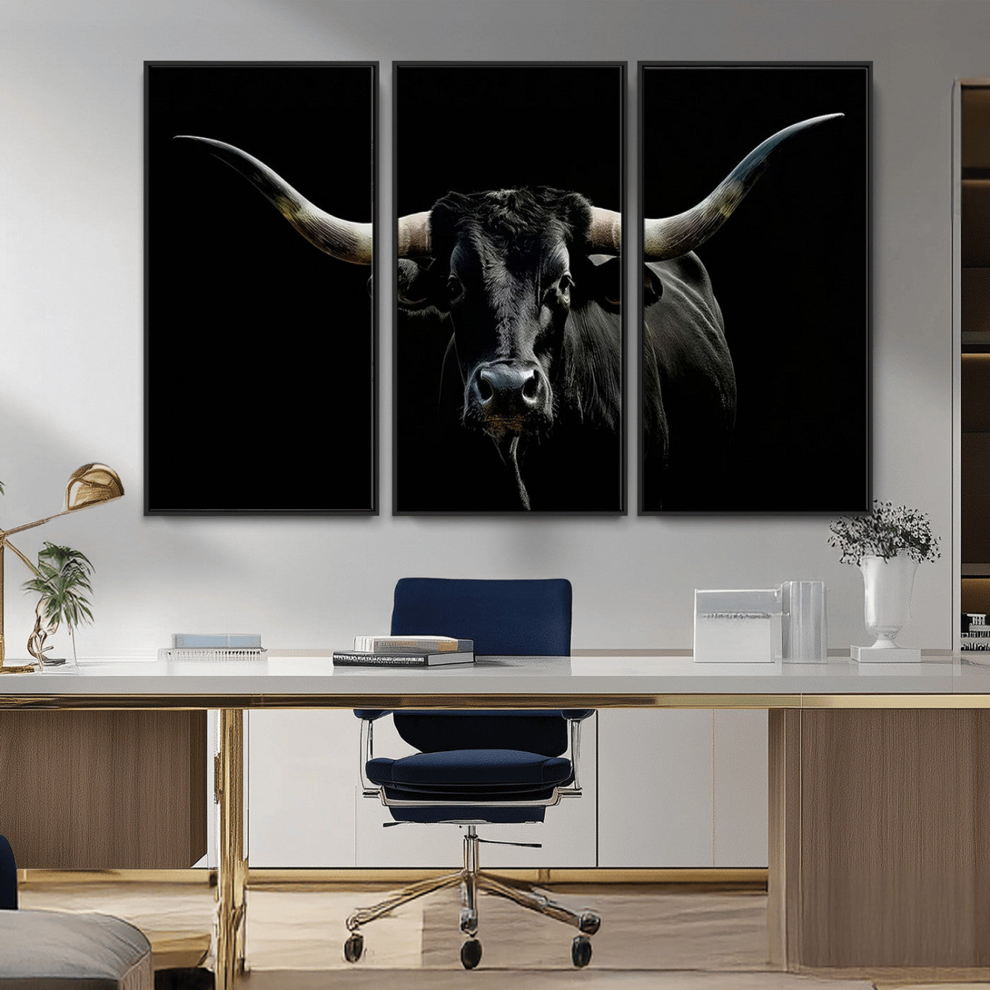 37531960-MGV-FC-48X32-3P_Black-Black Longhorn Bull Wall Art – Dramatic Western Cattle Canvas Print, Rustic Farmhouse Animal Artwork for Living Room, Bedroom,