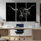 37531960-MGV-FC-48X32-3P_Black-Black Longhorn Bull Wall Art – Dramatic Western Cattle Canvas Print, Rustic Farmhouse Animal Artwork for Living Room, Bedroom,