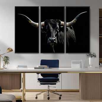 37531960-MGV-FC-48X32-3P_Black-Black Longhorn Bull Wall Art – Dramatic Western Cattle Canvas Print, Rustic Farmhouse Animal Artwork for Living Room, Bedroom,