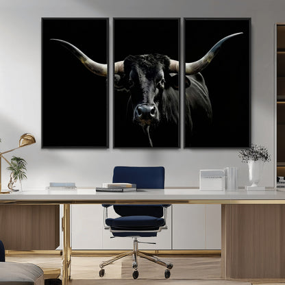 37531960-MGV-FC-48X32-3P_Black-Black Longhorn Bull Wall Art – Dramatic Western Cattle Canvas Print, Rustic Farmhouse Animal Artwork for Living Room, Bedroom,