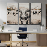 27497342-MGV-CV-36X24-Texas Longhorn Wall Art Canvas Print, Framed Speckled Cow Art Picture Print, Horned Cattle Perfect Rustic Western Decor Artwork