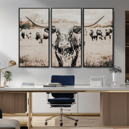 27497342-MGV-CV-36X24-Texas Longhorn Wall Art Canvas Print, Framed Speckled Cow Art Picture Print, Horned Cattle Perfect Rustic Western Decor Artwork