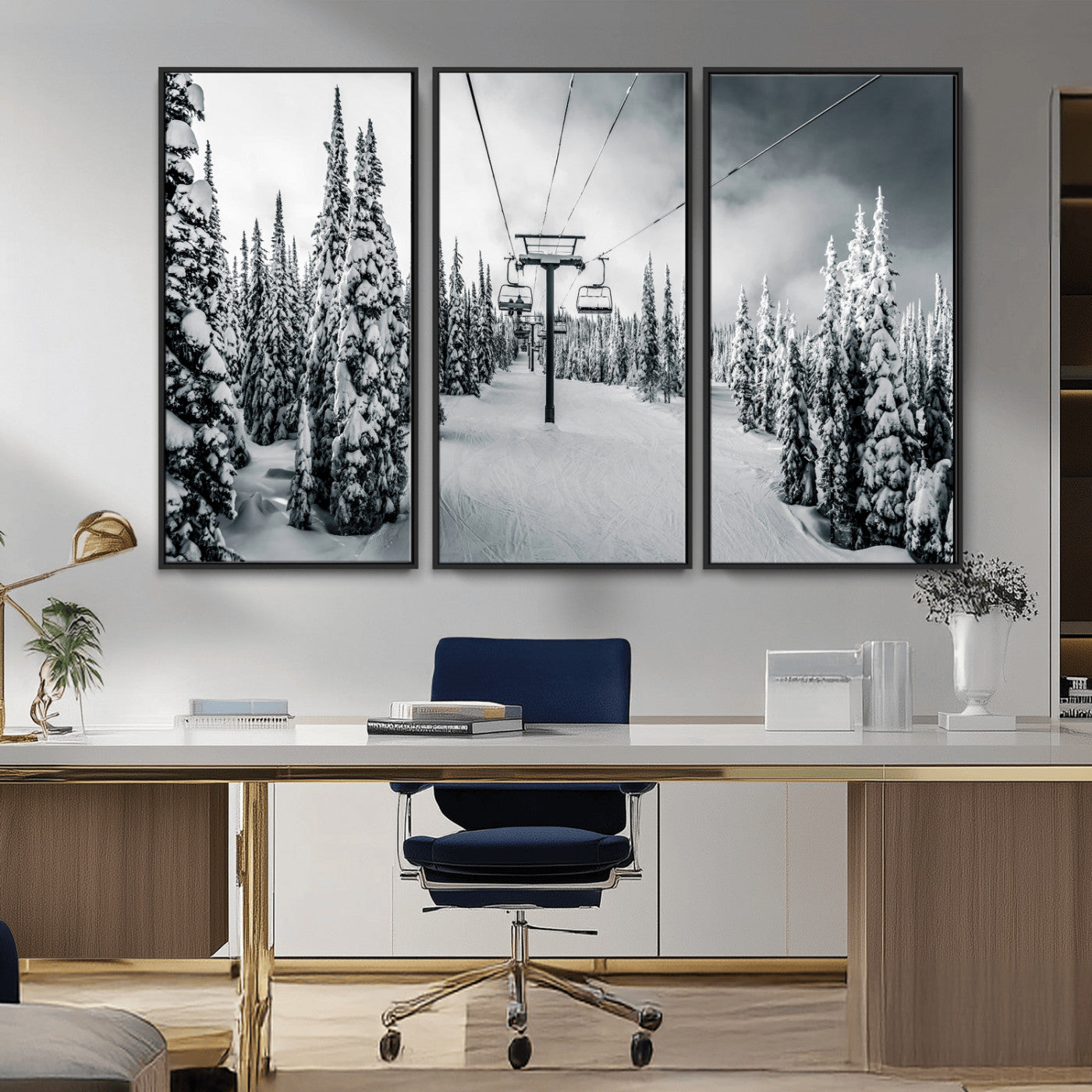 31156828-MGV-CV-36X24-Snowy Pines Wall Art Canvas Print, Framed Ski Lift Art Picture Print, Winter Forest Perfect Moody Lodge Decor Artwork