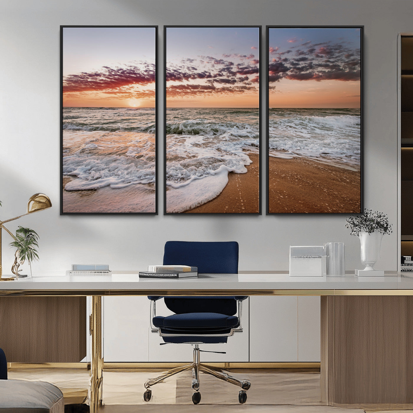 39846389-MGV-CV-36X24-Ocean Sunset Wall Art Canvas Print, Framed Sandy Shore Art Picture Print, Gentle Waves Perfect Minimalist Coastal Decor Artwork