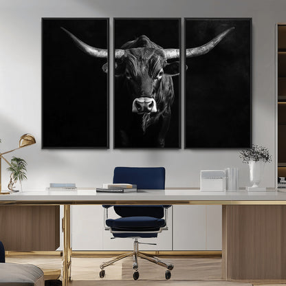 42077175-MGV-CV-36X24-Texas Longhorn Wall Art Canvas Print, Framed Monochrome Bull Art Picture Print, Horned Bull Perfect Rustic Western Decor Artwork