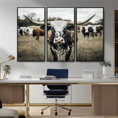 79025945-MGV-CV-36X24-Texas Longhorn Wall Art Canvas Print, Framed Speckled Cow Art Picture Print, Horned Cattle Perfect Rustic Western Decor Artwork
