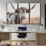 70414966-MGV-FC-48X32-3P_Black-Texas Longhorn Wall Art Canvas Print, Framed Speckled Cow Art Picture Print, Horned Bull Perfect Rustic Western Decor Artwork
