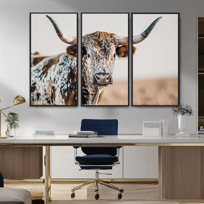 70414966-MGV-FC-48X32-3P_Black-Texas Longhorn Wall Art Canvas Print, Framed Speckled Cow Art Picture Print, Horned Bull Perfect Rustic Western Decor Artwork