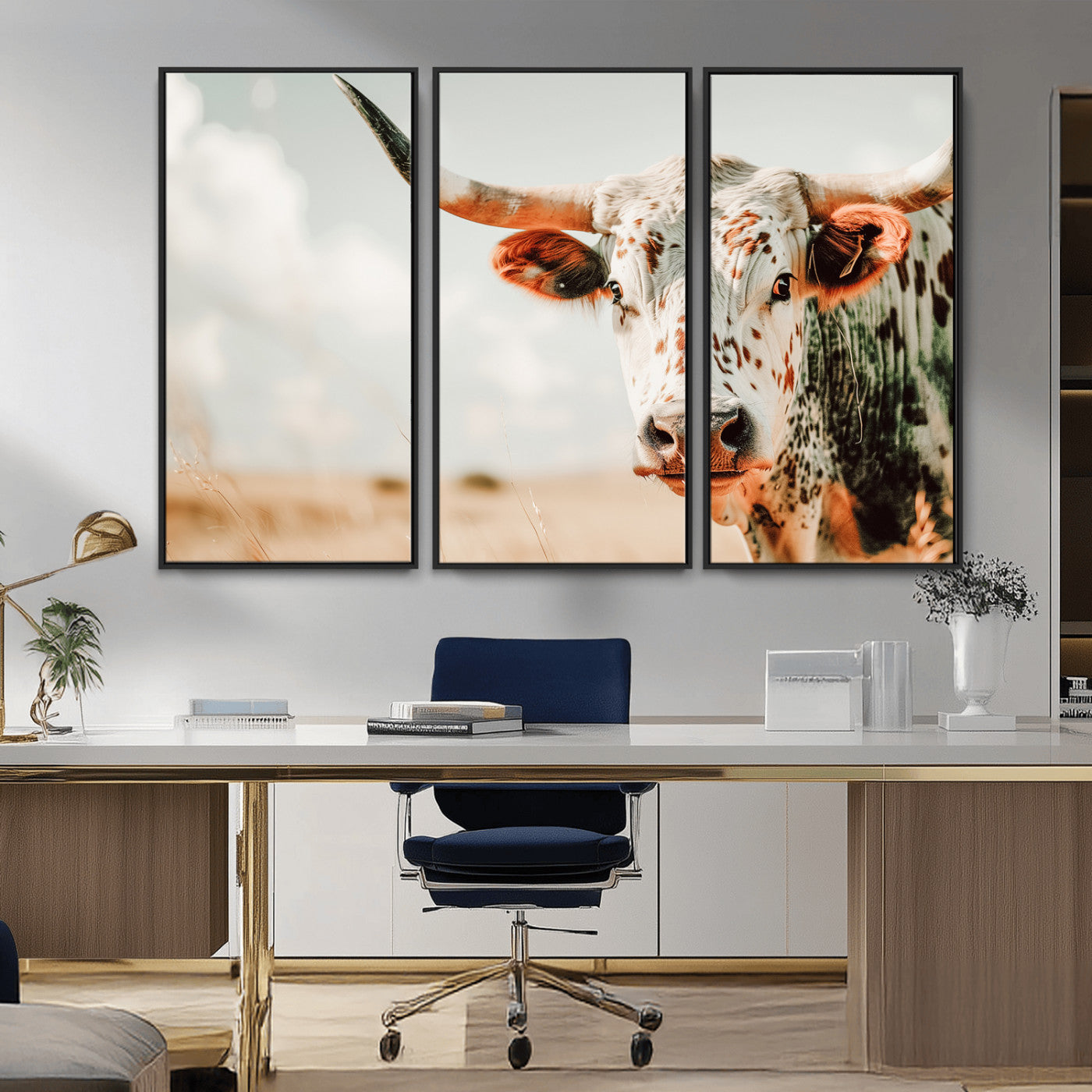 72766375-MGV-CV-36X24-Texas Longhorn Wall Art Canvas Print, Framed Spotted Cow Art Picture Print, Horned Cattle Perfect Rustic Western Decor Artwork