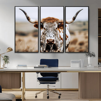 76294381-MGV-CV-36X24-Texas Longhorn Wall Art Canvas Print, Framed Spotted Cow Art Picture Print, Horned Cattle Perfect Rustic Western Decor Artwork