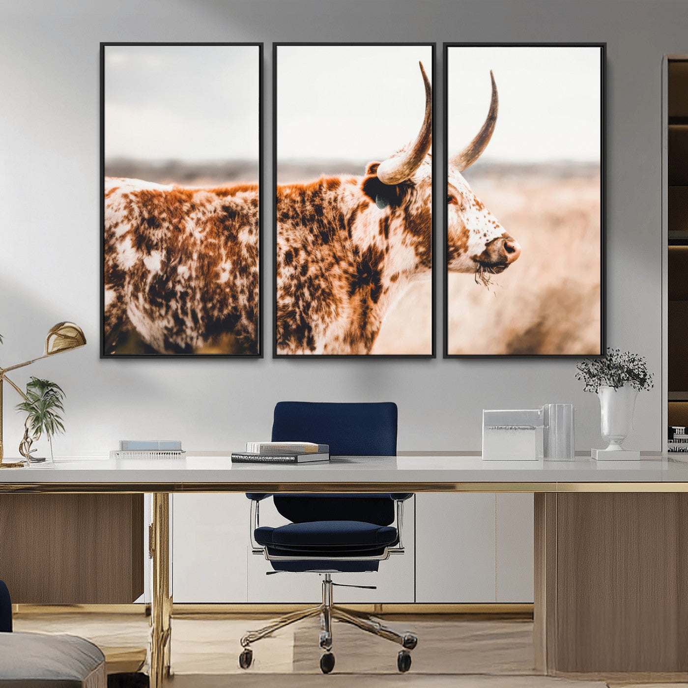 11528295-MGV-FC-48X32-3P_Black-Speckled Longhorn Wall Art Canvas Print, Framed Texas Cattle Art Picture Print, Horned Cow Perfect Rustic Western Decor Artwork