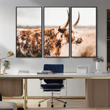 11528295-MGV-FC-48X32-3P_Black-Speckled Longhorn Wall Art Canvas Print, Framed Texas Cattle Art Picture Print, Horned Cow Perfect Rustic Western Decor Artwork