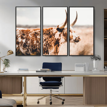 11528295-MGV-FC-48X32-3P_Black-Speckled Longhorn Wall Art Canvas Print, Framed Texas Cattle Art Picture Print, Horned Cow Perfect Rustic Western Decor Artwork
