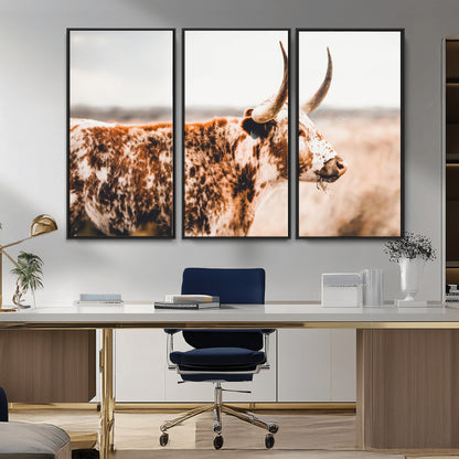 11528295-MGV-FC-48X32-3P_Black-Speckled Longhorn Wall Art Canvas Print, Framed Texas Cattle Art Picture Print, Horned Cow Perfect Rustic Western Decor Artwork