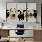 12027562-MGV-CV-36X24-Longhorn Cattle Wall Art Canvas Print, Framed Bison Herd Art Picture Print, Cattle Group Perfect Rustic Farmhouse Decor Artwork