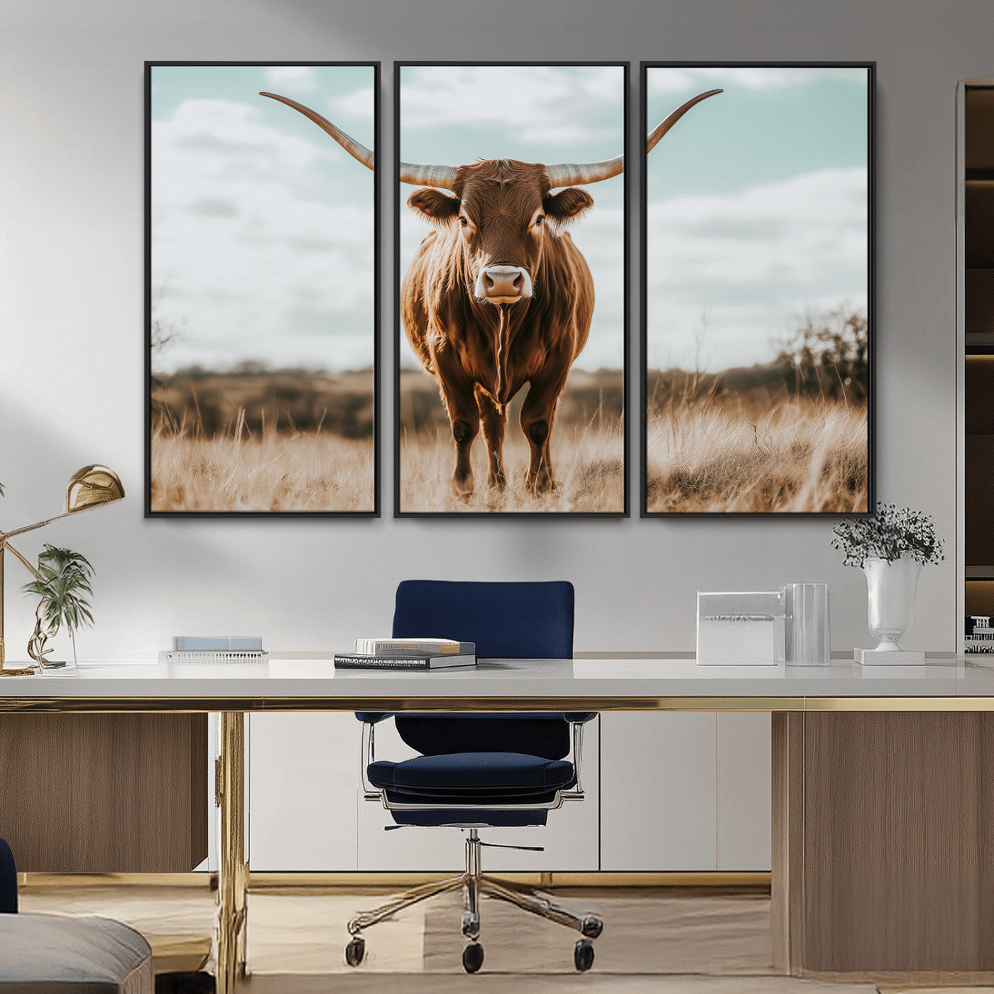 39350715-MGV-FC-48X32-3P_Black-Texas Longhorn Wall Art Canvas Print, Framed Longhorn Cow Art Picture Print, Western Cattle Perfect Rustic Western Decor Artwork