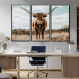 39350715-MGV-FC-48X32-3P_Black-Texas Longhorn Wall Art Canvas Print, Framed Longhorn Cow Art Picture Print, Western Cattle Perfect Rustic Western Decor Artwork