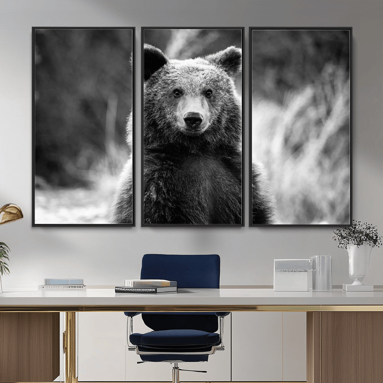 MGV-FC-48X32-3P - Grizzly Bear Wall Art Canvas Print, Framed Black White Bear Art Picture Print, Wild Bear Perfect Rustic Wildlife Decor Artwork