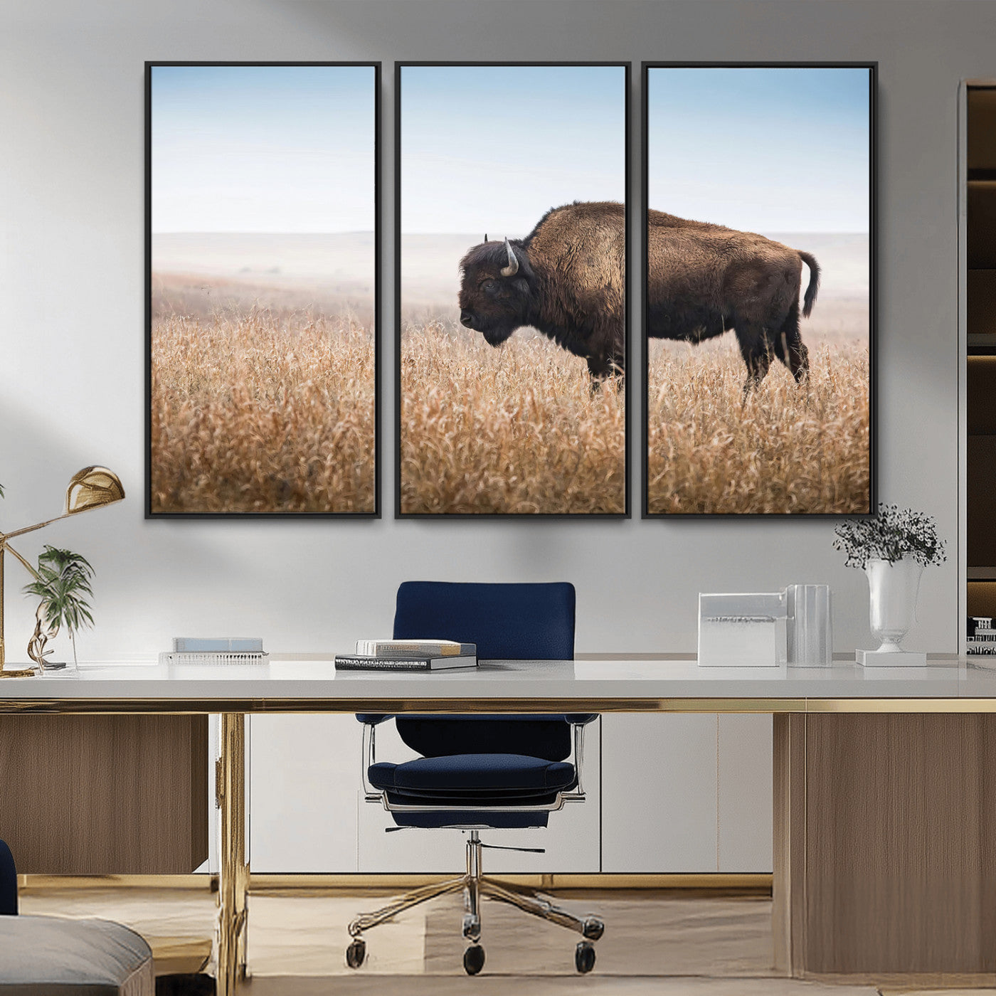 91267849-MGV-CV-36X24-Wild Bison Wall Art Canvas Print, Framed Bison in Prairie Art Picture Print, Rustic Western Perfect Rustic Western Decor Artwork