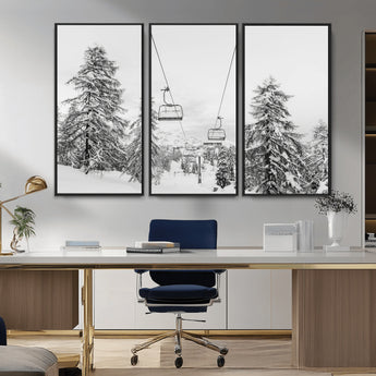 55003599-MGV-FC-48X32-3P_Black-Snowy Ski Lift Wall Art Canvas Print, Framed Winter Forest Art Picture Print, Ski lift Ride Perfect Winter Lodge Decor Artwork