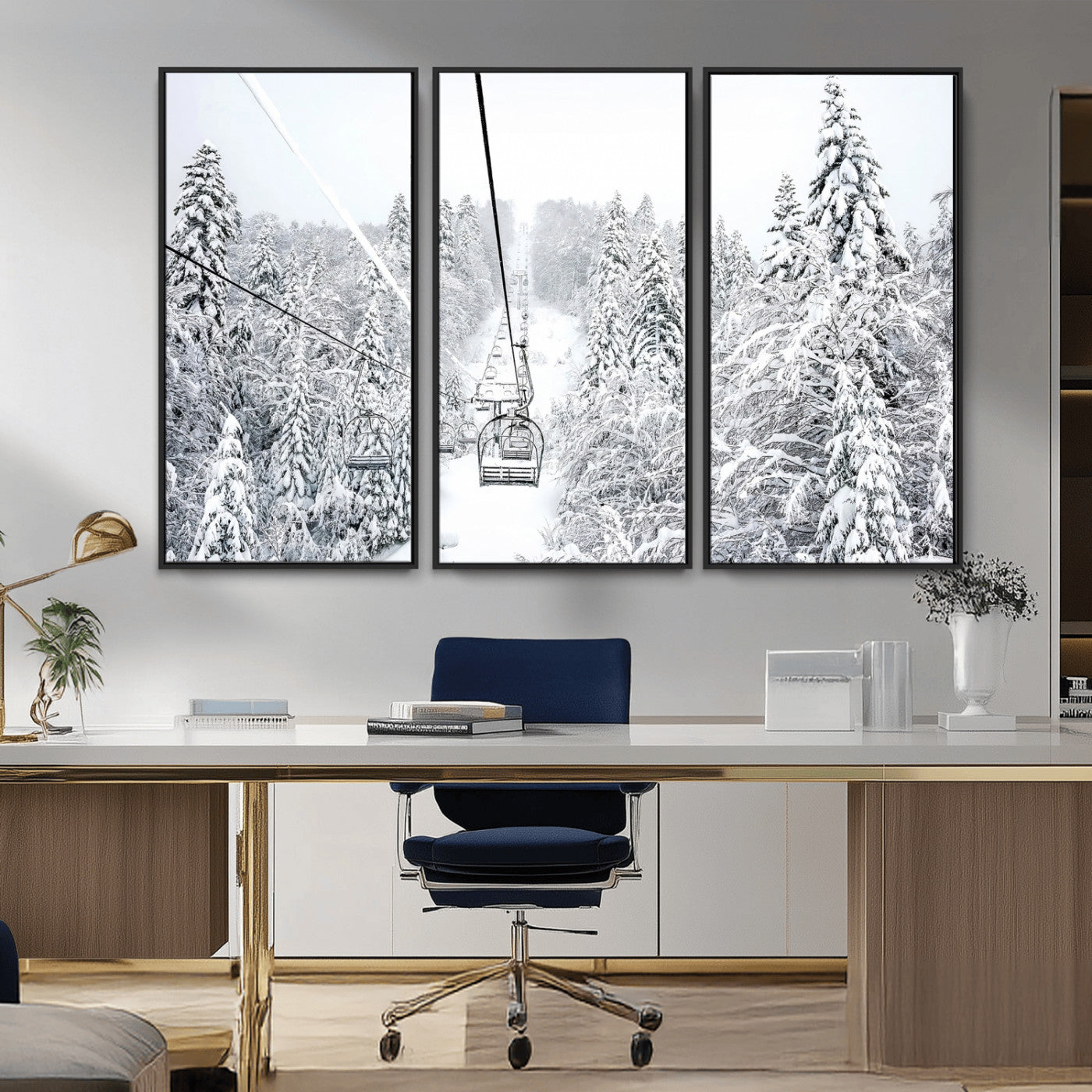 60296839-MGV-CV-36X24-Snowy Mountains Wall Art Canvas Print, Framed Ski Lift Art Picture Print, Winter Forest Perfect Winter Minimalist Decor Artwork