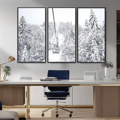 60296839-MGV-CV-36X24-Snowy Mountains Wall Art Canvas Print, Framed Ski Lift Art Picture Print, Winter Forest Perfect Winter Minimalist Decor Artwork