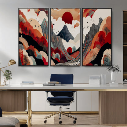 59495752-MGV-FC-48X32-3P_Black-Abstract Mountain Wall Art Canvas Print, Framed Vibrant Landscape Art Picture Print, Nature Drawing Perfect Contemporary