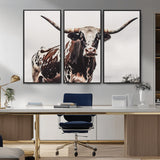 95249234-MGV-CV-36X24-Texas Longhorn Wall Art Canvas Print, Framed Spotted Bull Art Picture Print, Horned Cattle Perfect Rustic Farmhouse Decor Artwork