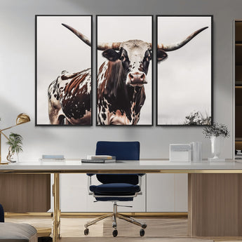 95249234-MGV-CV-36X24-Texas Longhorn Wall Art Canvas Print, Framed Spotted Bull Art Picture Print, Horned Cattle Perfect Rustic Farmhouse Decor Artwork