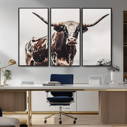 95249234-MGV-CV-36X24-Texas Longhorn Wall Art Canvas Print, Framed Spotted Bull Art Picture Print, Horned Cattle Perfect Rustic Farmhouse Decor Artwork