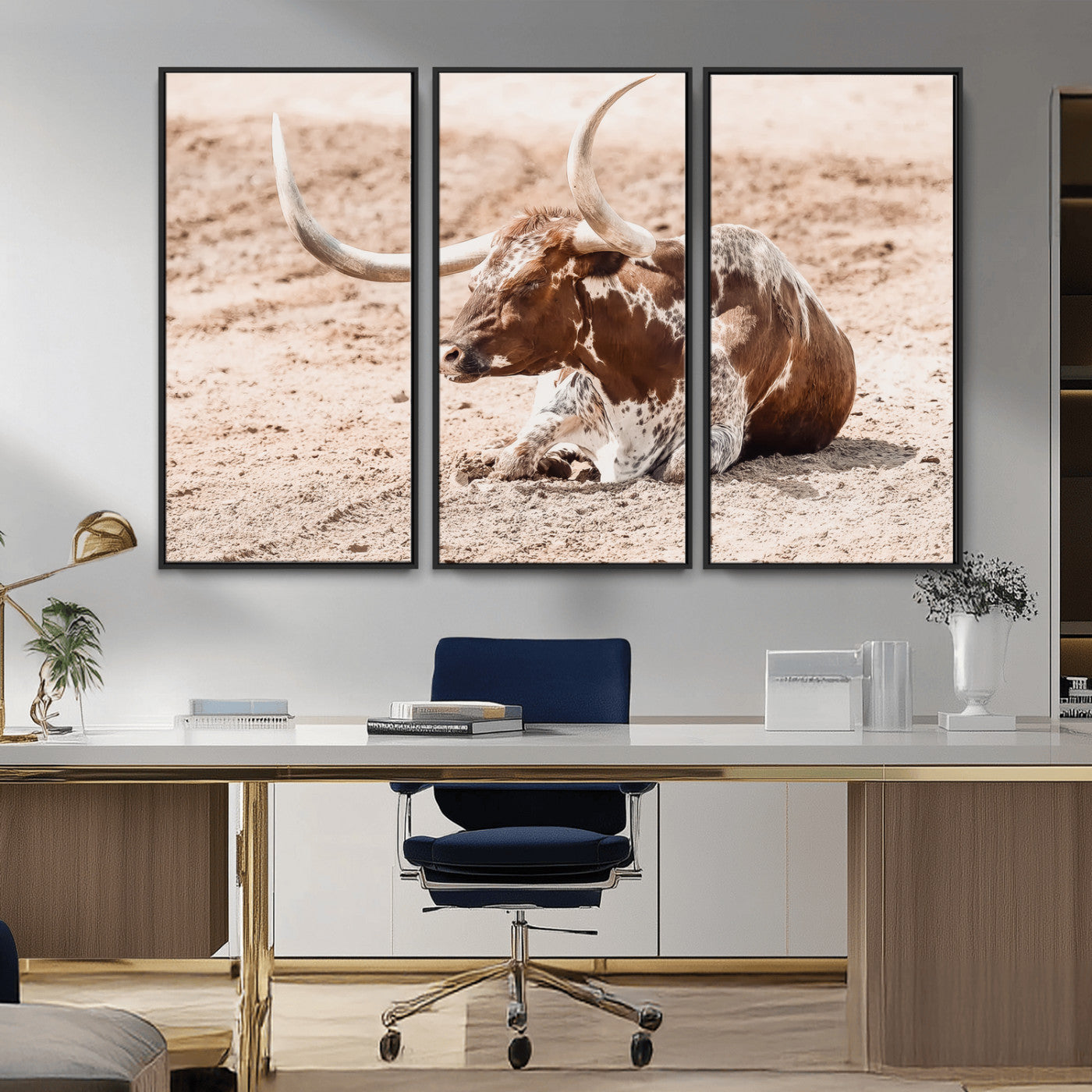 91248682-MGV-CV-36X24-Texas Longhorn Wall Art Canvas Print, Framed Resting Bull Art Picture Print, Spotted Cattle Perfect Rustic Western Decor Artwork