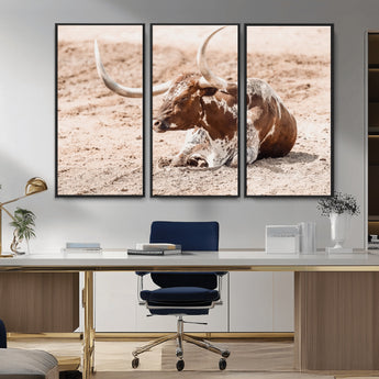 91248682-MGV-CV-36X24-Texas Longhorn Wall Art Canvas Print, Framed Resting Bull Art Picture Print, Spotted Cattle Perfect Rustic Western Decor Artwork