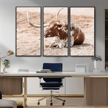 91248682-MGV-CV-36X24-Texas Longhorn Wall Art Canvas Print, Framed Resting Bull Art Picture Print, Spotted Cattle Perfect Rustic Western Decor Artwork