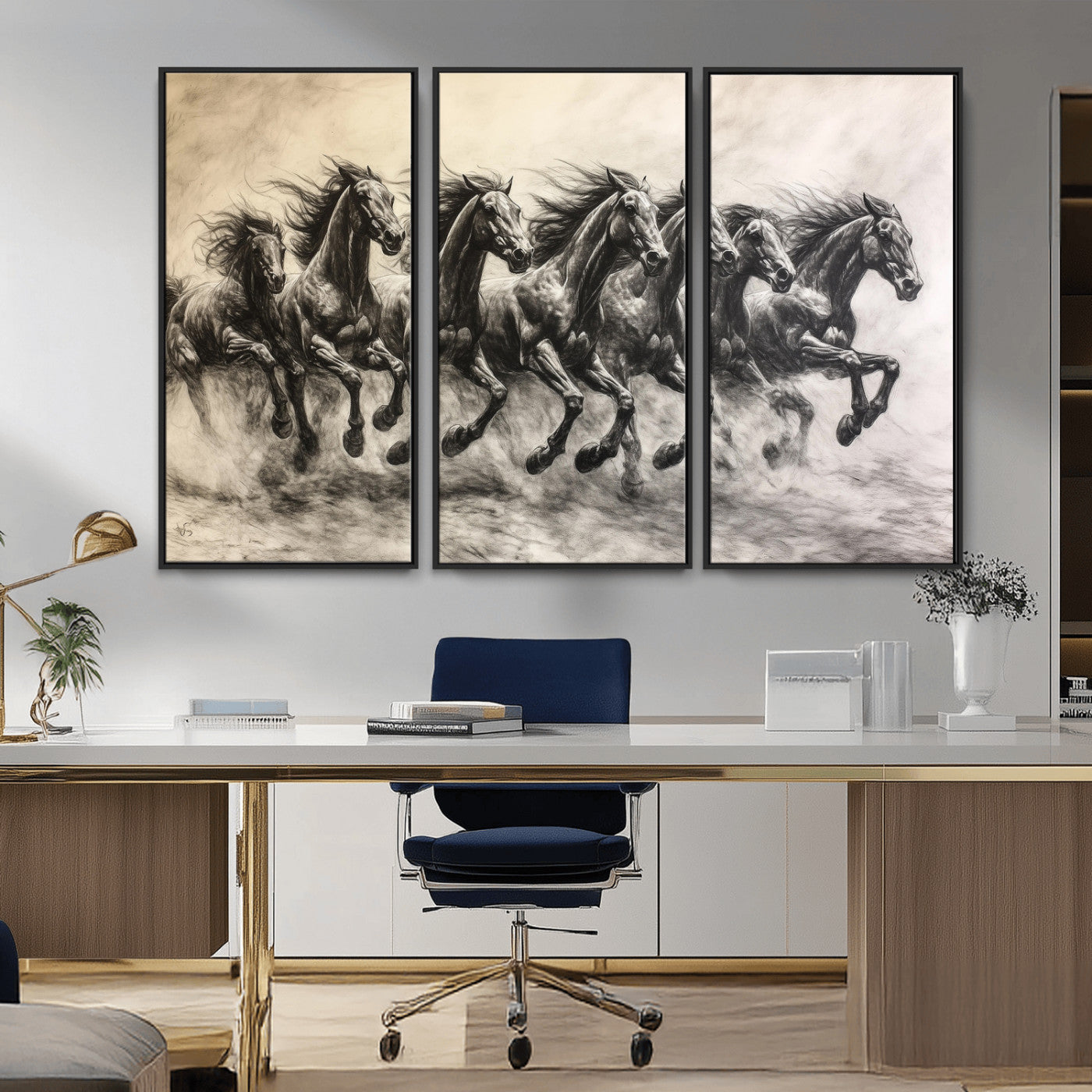 56089591-MGV-CV-36X24-Galloping Horses Wall Art Canvas Print, Framed Wild Stallions Art Picture Print, Horse Herd Sketch Perfect Monochrome Dynamic