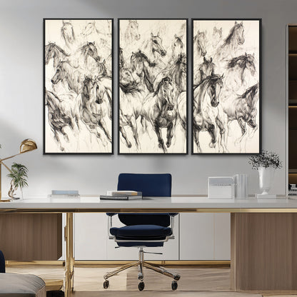 19433417-MGV-CV-36X24-Running Horses Wall Art Canvas Print, Framed Horse Sketch Art Picture Print, Galloping Herd Perfect Monochrome Western Decor