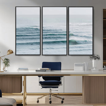 73969318-MGV-CV-36X24-Ocean Waves Wall Art Canvas Print, Framed Surfer Lineup Art Picture Print, Crowded Ocean Perfect Minimal Coastal Decor Artwork