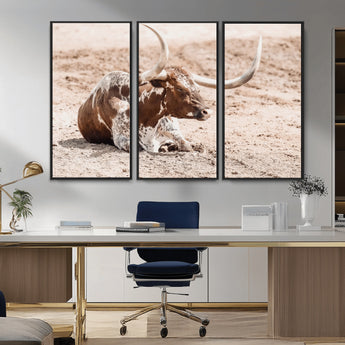 25407592-MGV-CV-36X24-Texas Longhorn Wall Art Canvas Print, Framed Resting Bull Art Picture Print, Spotted Cattle Perfect Rustic Western Decor Artwork