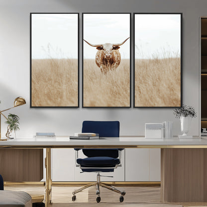 20927060-MGV-CV-36X24-Texas Longhorn Wall Art Canvas Print, Framed Lone Cattle Art Picture Print, Longhorn Bull Perfect Rustic Western Decor Artwork