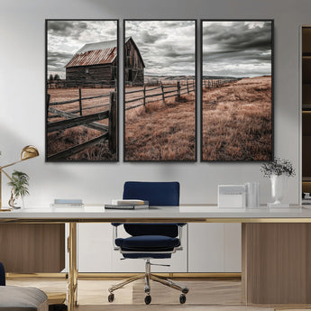 73898372-MGV-CV-36X24-Rustic Barn Wall Art Canvas Print, Framed Moody Field Art Picture Print, Weathered Fence Perfect Moody Farmhouse Decor Artwork