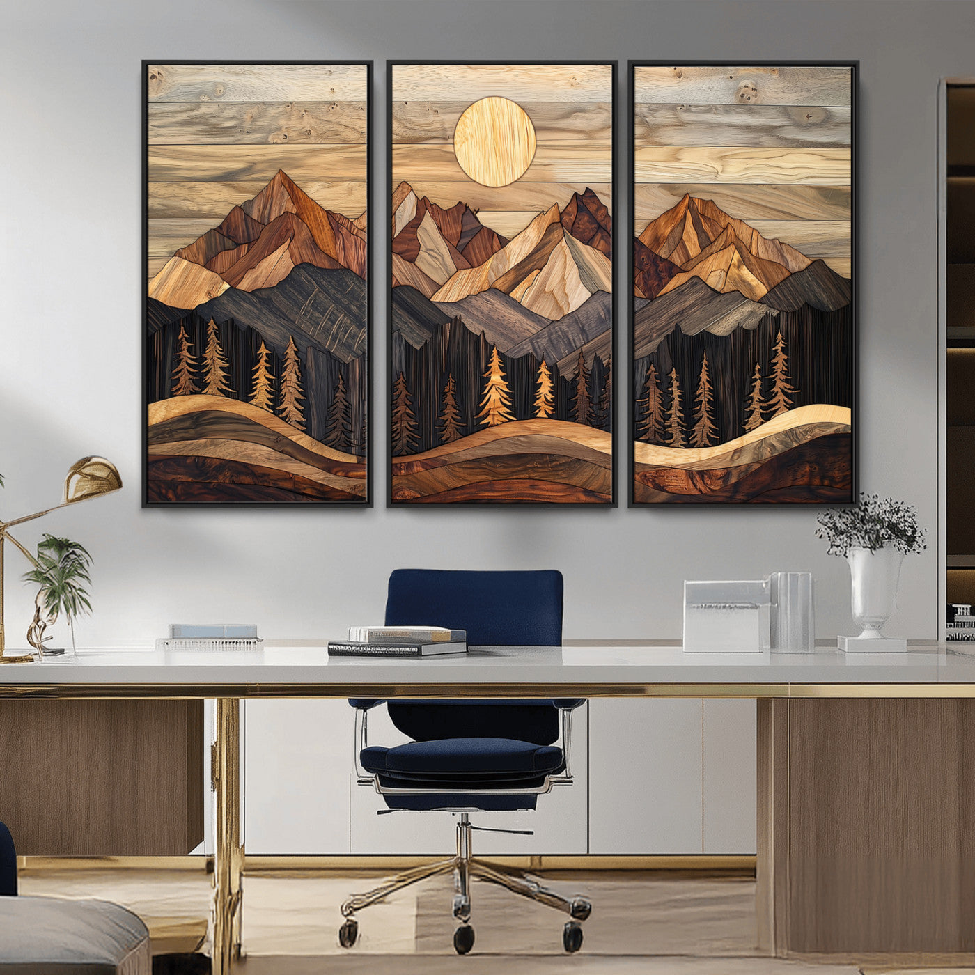 50100230-MGV-FC-48X32-3P_Black-Wooden Mountain Wall Art – Rustic Nature Landscape Canvas Print, Handmade Style Sun, Forest, and Peaks Artwork for Living Room,