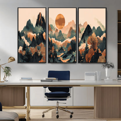 13012770-MGV-FC-48X32-3P_Black-Mountain Landscape Wall Art – Modern Nature Canvas Print with Sun, Misty Peaks, and Forest in Orange and Green Tones for Living