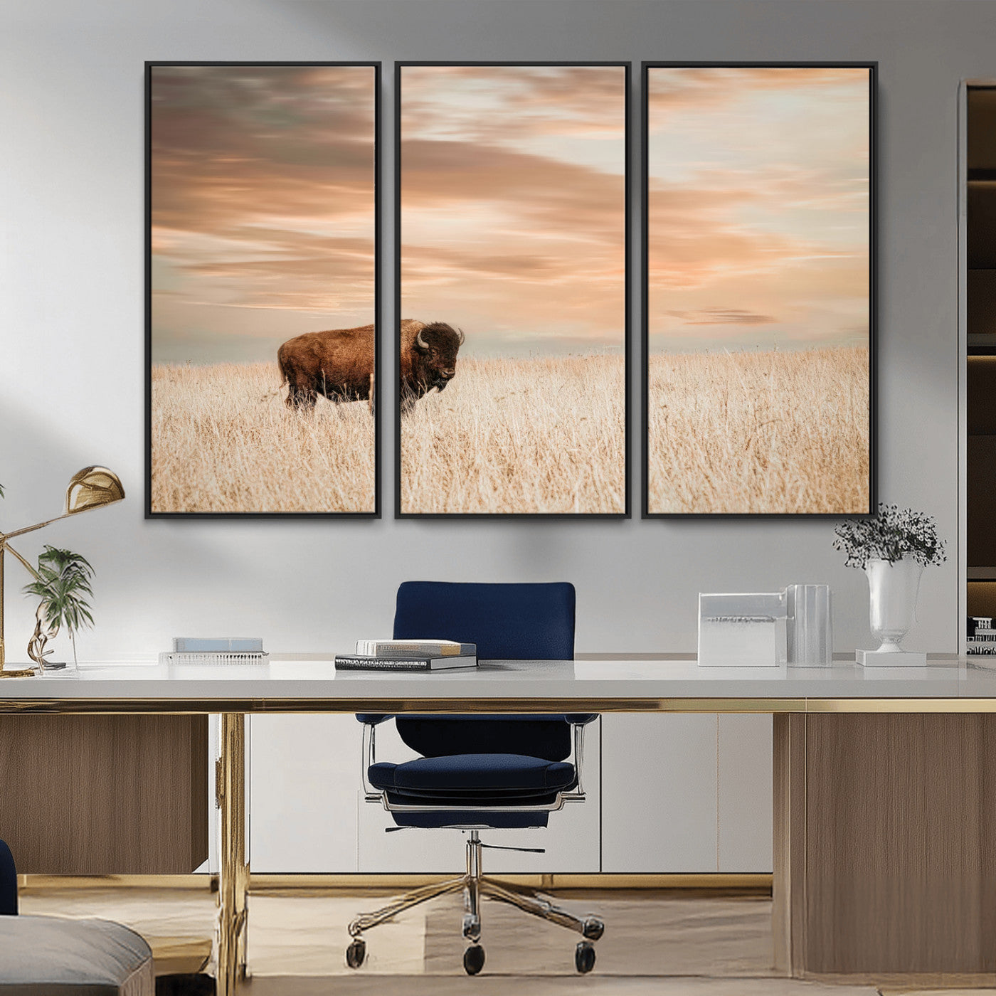 87282289-MGV-FC-48X32-3P_Black-Bison Wall Art Canvas Print, Framed Buffalo Art Picture Print, Western Prairie Perfect Rustic Decor Artwork