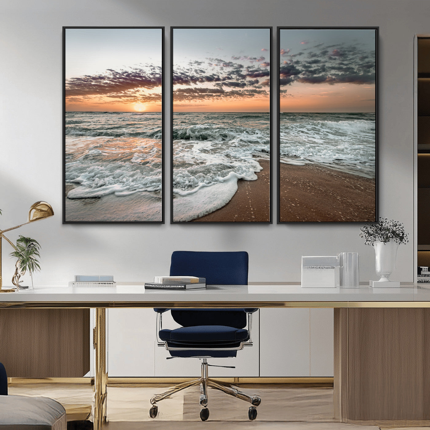 40632752-MGV-CV-36X24-Ocean Sunset Wall Art Canvas Print, Framed Beach Waves Art Picture Print, Coastal Scene Perfect Coastal Decor Artwork