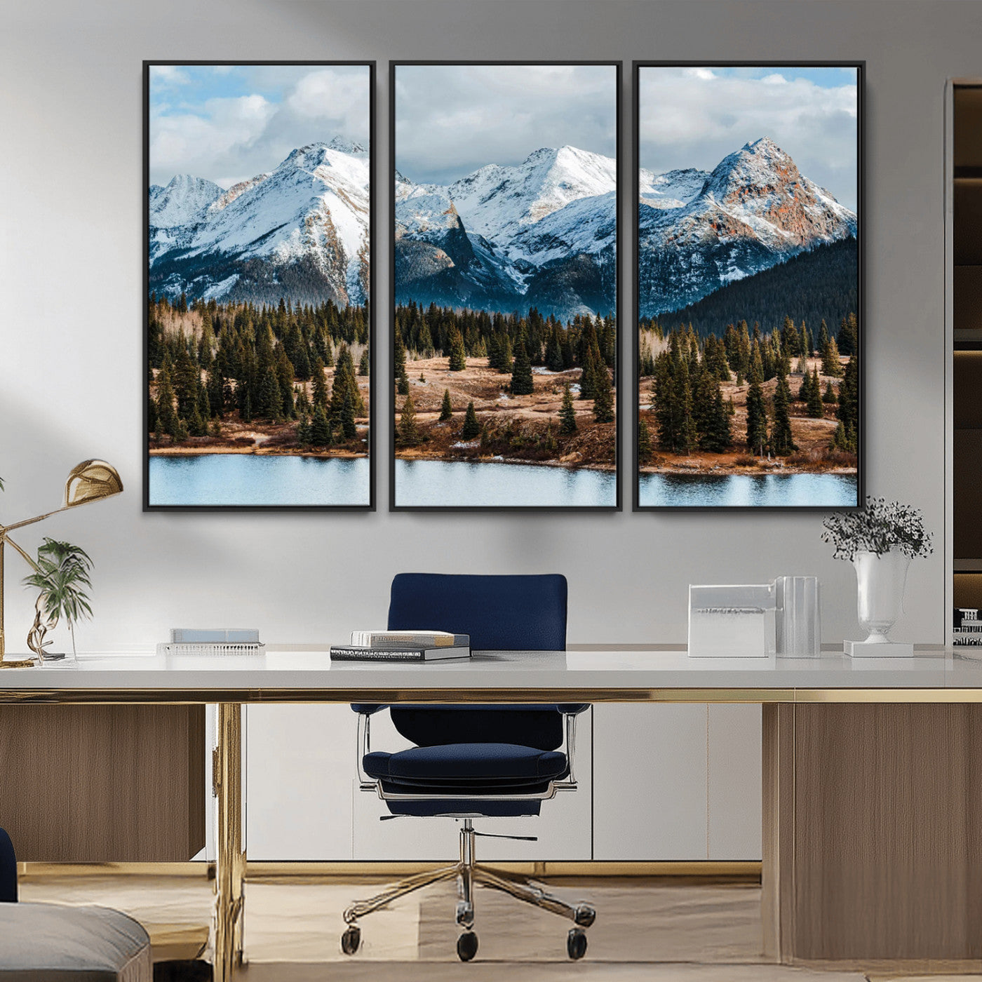 36247746-MGV-FC-48X32-3P_Black-Snowy Peaks Wall Art Canvas Print, Framed Alpine Lake Art Picture Print, Pine Forest Perfect Alpine Wilderness Decor Artwork