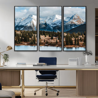 36247746-MGV-FC-48X32-3P_Black-Snowy Peaks Wall Art Canvas Print, Framed Alpine Lake Art Picture Print, Pine Forest Perfect Alpine Wilderness Decor Artwork