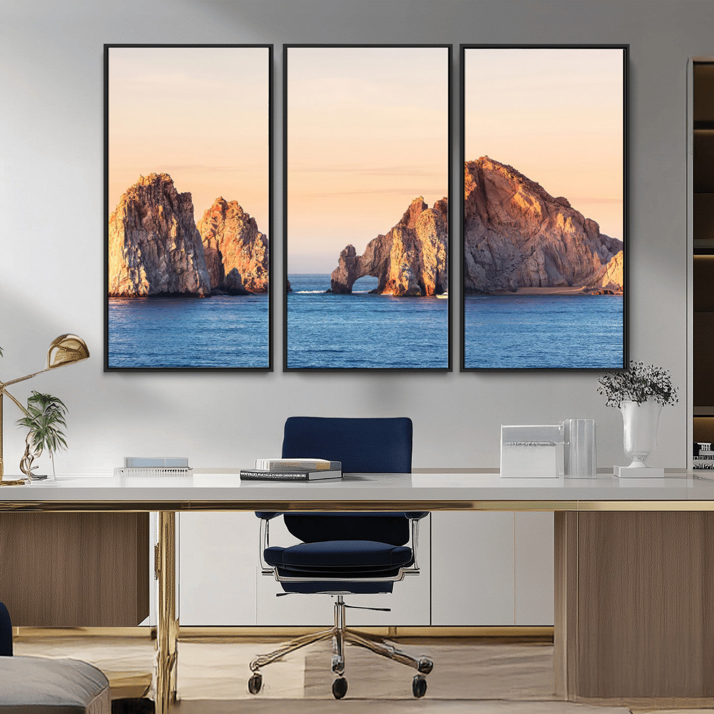 72996116-MGV-CV-36X24-El Arco Wall Art Canvas Print, Framed Cabo Rocks Art Picture Print, Ocean Arch Perfect Golden Coastal Landmark Decor Artwork